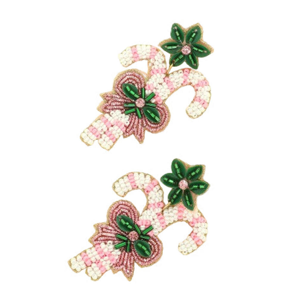 Christmas Candy Cane Seed Bead Post Earrings Pink NWT